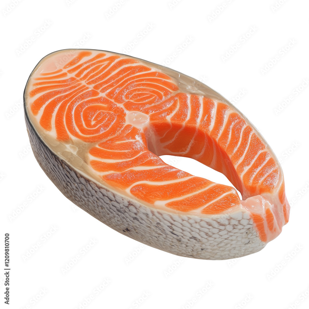 Poster this image shows a close-up of a raw salmon fillet, showcasing its rich orange color and detailed te