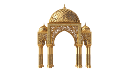 3D render of a golden ornate Islamic arch, mosque window, intricate patterns, Arabic architecture on transparent background