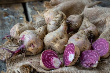 Freshly harvested chioggia beets, also known as candy cane beets, rest on rustic burlap, showcasing their unique pink and white stripes