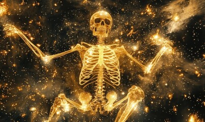 Golden skeleton radiates in a cosmic, starry expanse.