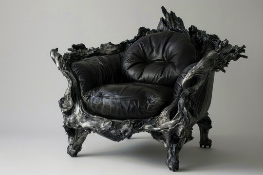 Luxurious black leather armchair with an intricate wooden structure, creating a unique and stylish piece of furniture