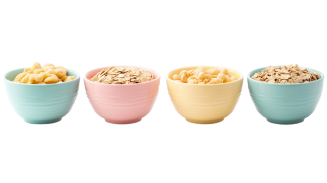 Set of breakfast cereals in colorful bowls  isolated on transparent white background