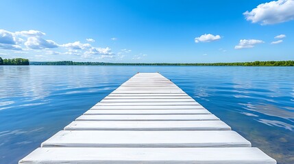 Obraz premium Serene Lake Pier Summer Day White Wooden Dock Blue Water
