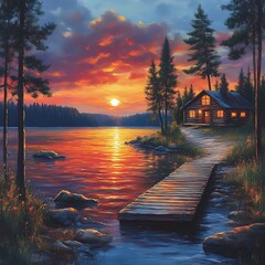 Lakeside cabin sunset.