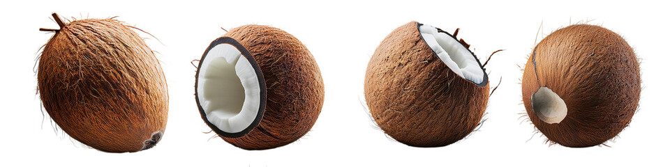 Coconuts in various perspectives isolated on transparent background