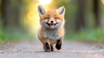 Obraz premium Happy fox kit running on forest path, sunset