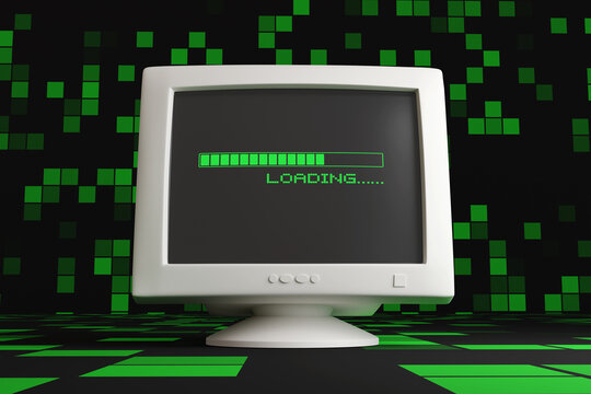 Retro CRT computer monitor showing a green progress bar and the word LOADING in checkered background. Illustration of the concept of downloading speed, slow bandwidth and low processing power