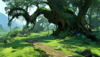 Enchanting Forest Path Leading To Ancient Tree