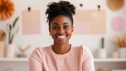 E-Learning online idea. Cheerful woman smiling against a colorful background in a creative workspace.