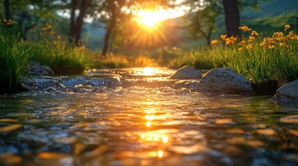 Fototapeta premium Sunset stream, forest, golden hour, nature, calm