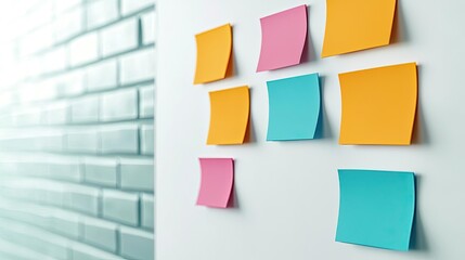 E-Learning online idea. Colorful sticky notes on a wall for organization and brainstorming activities.