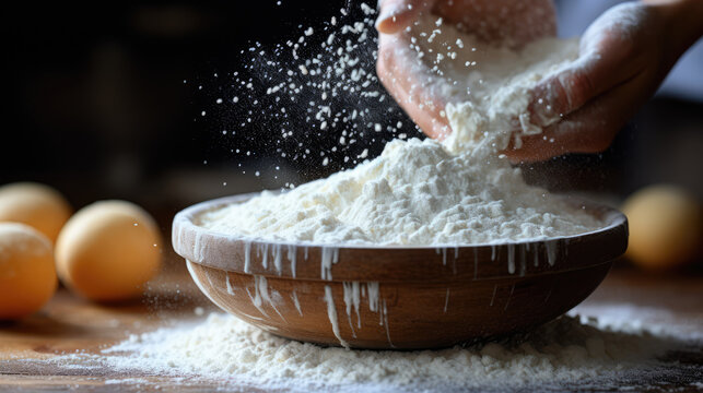 Sifting flour into wooden bowl creates beautiful cloud of powder, surrounded by fresh eggs, evoking sense of warmth and home baking