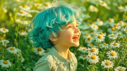Naklejka premium Innocence, Flower, Field, Looking, Sunlight, minimalistic, Joyful Child in a Flower Field with Unique Hair Color
