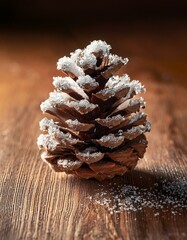 細かな雪の結晶が付着した松ぼっくり
