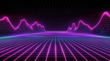 Naklejka premium A vibrant digital landscape with glowing pink and blue grid lines, creating a retro-futuristic atmosphere reminiscent of 80s synthwave aesthetics.