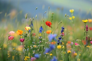Vibrant wildflowers creating a picturesque scene in a sunlit meadow, celebrating the beauty of nature