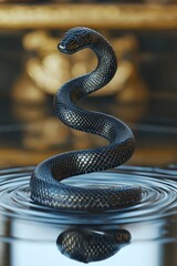 Obraz premium Sinuous snake with dark scales rises from rippled water.