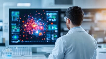 Scientist analyzing complex data visualization on computer screen in modern laboratory setting