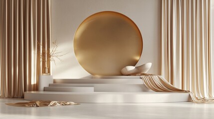 A minimalist interior with a large circular feature, soft drapes, and elegant textures, creating a serene and sophisticated atmosphere.