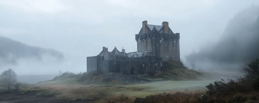 An abandoned castle shrouded in mist, its halls echoing with whispers of the past.