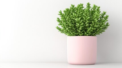 Lush green plant in a pink pot against a white background.