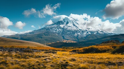 A snow-capped mountain in the distance, with a grassy meadow and a blue sky with white clouds.