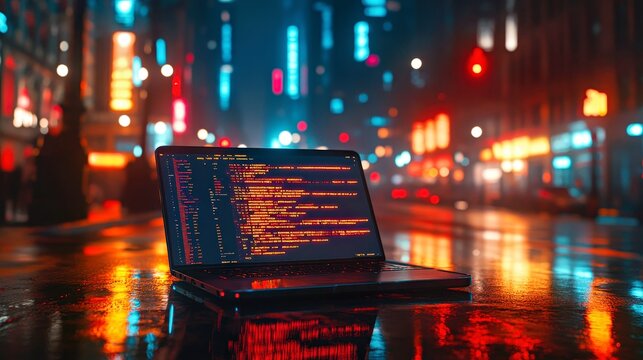 Laptop with code in urban night. Technological computer glow enhances digital urbanism. Neon lights reflect on screen, evoking cyber innovation, perfect for modern cityscape design.