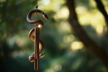 Obraz premium Hanging snake sculpture around wind chime in nature.