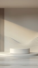 Fototapeta premium A minimalist stage with a circular platform against a textured wall, featuring soft light and gentle curves, creating a serene and elegant atmosphere.