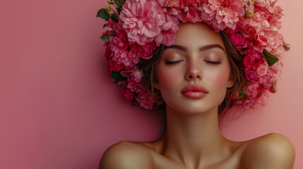 Fototapeta premium woman with closed eyes adorned with pink flowers on her head against a soft pink background, symbolizing beauty, nature, and tranquility