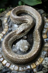 Snake coiled around rocks and clear crystal.
