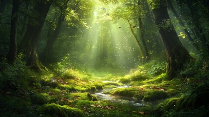 Obraz premium Tranquil Forest Scene with Sunlight and Gentle Stream Flowing