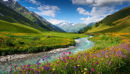 鮮やかな野生の花々が点在する緑豊かな谷間を蛇行する透き通った小川