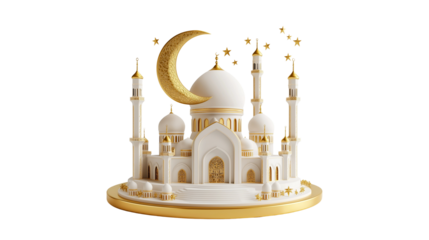 3D rendering, Islamic mosque, crescent moon, golden stars, white and gold color scheme with transparent background