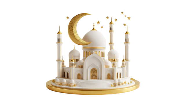 3D rendering, Islamic mosque, crescent moon, golden stars, white and gold color scheme with transparent background