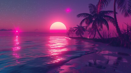 A retro-futuristic tropical beach scene with palm trees and a glowing moon in the night sky.