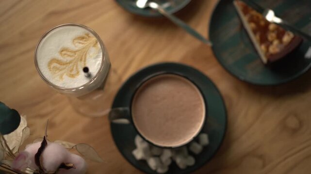 top view of a latte with foam art, hot chocolate