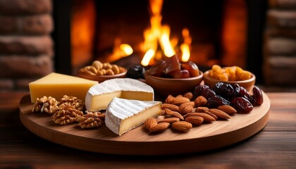 暖炉のそばに置かれた木製プレートに、様々なチーズ、ドライフルーツ、ローストナッツ