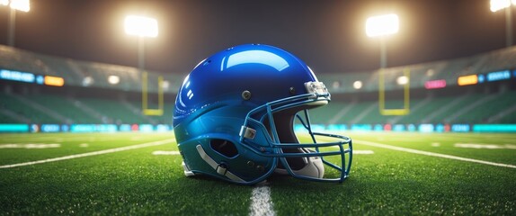 Fototapeta premium Brightly lit football field with a shiny blue helmet resting on the turf during a night game.