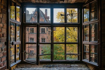 Open window in brick wall revealing another brick building and colorful autumn trees