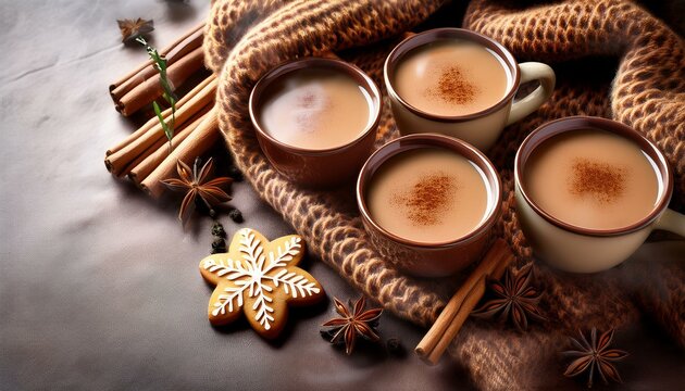 湯気を立てるスパイスチャイティーとジンジャーブレッドクッキーとシナモンスティック
