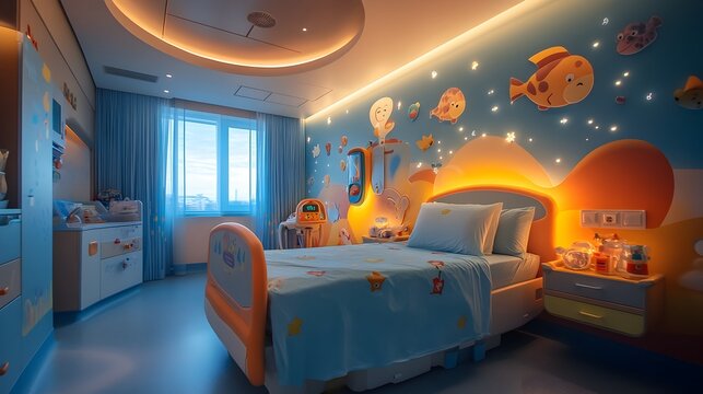 Whimsical Pediatric Ward with Interactive Toys and Colorful Murals Designed for Comfort and Healing