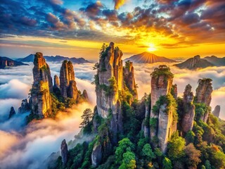 China's rock mountains, urban exploration, AI-generated sky views.