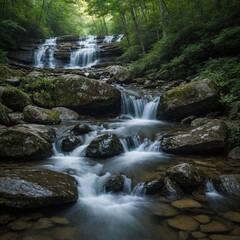 Obraz premium Waterfalls Cascading in the Blue Ridge Mountains – Lush forests surrounding cascading streams.