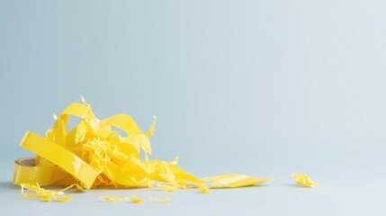 Fototapeta premium Tangled pile of bright yellow adhesive packing tape sits messy on a light blue studio background.