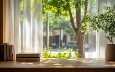 Wooden table with an open book in a cozy Japanese-style room with large windows showing a blend of greenery and city views in natural daylight.