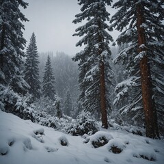 Fototapeta premium Snowfall in the Carpathian Mountains – Gentle snowflakes covering dense pine forests.