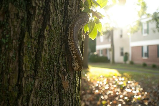 A carpet python coiled around a tree trunk in a suburban backyard, blending with the tree's bark and leaves