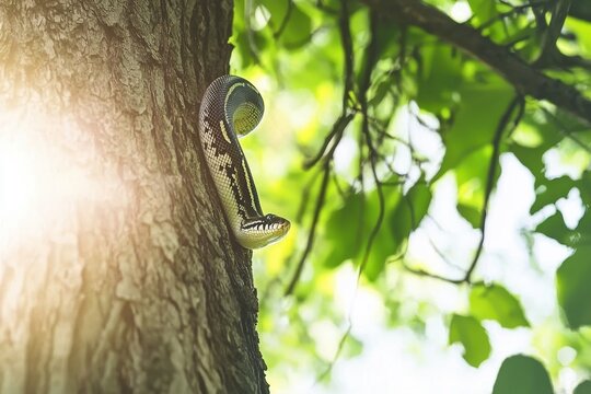 A carpet python coiled around a tree trunk in a suburban backyard, blending with the tree's bark and leaves