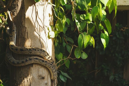 A carpet python coiled around a tree trunk in a suburban backyard, blending with the tree's bark and leaves